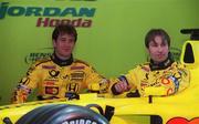 16 January 2000; Drivers Jarno Trulli, left, and Heinz-Harold Frentzen, with Eddie Jordan, Chief Executive, Jordan Grand Prix, at the launch of Jordan Grand Prix's Honda powered EJ11 car at Silverstone Circuit in Towcester, England. Photo by Damien Eagers/Sportsfile