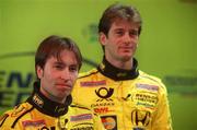 16 January 2000; Drivers Jarno Trulli, left, and Heinz-Harold Frentzen at the launch of Jordan Grand Prix's Honda powered EJ11 car at Silverstone Circuit in Towcester, England. Photo by Damien Eagers/Sportsfile