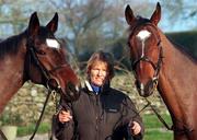 18 January 2000; Jessica Harrington with No Mercy, left, and Moscow Express at her Stud Farm in Moone, Co. Kildare. Photo by Matt Browne/Sportsfile