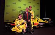 16 January 2000; Eddie Jordan, Chief Executive, Jordan Grand Prix, with drivers Heinz-Harold Frentzen, left, and Jarno Trulli at the launch of Jordan Grand Prix's Honda powered EJ11 car at Silverstone Circuit in Towcester, England. Photo by Damien Eagers/Sportsfile
