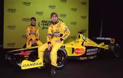 16 January 2000; Drivers Heinz-Harald Frentzen, right, and Jarno Trulli at the launch of Jordan Grand Prix's Honda powered EJ11 car at Silverstone Circuit in Towcester, England. Photo by Damien Eagers/Sportsfile