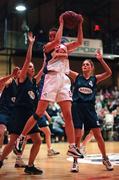 30 January 2000; Jillian Hayes of Avonmore Wildcats in action against Lisa Timmons, left, and Sinead Harvey of Meteors during the Senior Women's Sprite Cup Final match between Avonmore Wildcats and Meteors at the National Basketball Arena in Tallaght, Dublin. Photo by Brendan Moran/Sportsfile