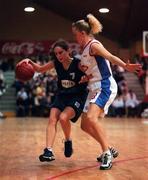30 January 2000; Lisa Timmons of Meteors in action against Cathriona White of Avonmore Wildcats during the Senior Women's Sprite Cup Final match between Avonmore Wildcats and Meteors at the National Basketball Arena in Tallaght, Dublin. Photo by Brendan Moran/Sportsfile