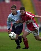 21 January 2001; Richie Baker of Shelbourne tussles for possession with Neal Horgan of Cork City during the Eircom League Premier Division match between Cork City and Shelbourne at Turners Cross in Cork. Photo by Brendan Moran/Sportsfile