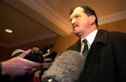 22 January 2001; Bernard O'Byrne, Chief Executive, FAI, answers questions from the press after a board meeting at the City West Hotel about the future of eircom Park. Photo by David Maher/Sportsfile