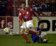 23 January 2001; Jim Crawford of Shelbourne in action against Brendan Devlin of Derry City during the Eircom League Premier Division match between Shelbourne and Derry City at Tolka Park in Dublin. Photo by David Maher/Sportsfile