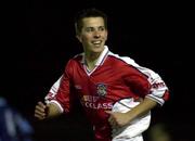 24 January 2001; Ger McCarthy of St. Patrick's Athletic  celebrates after scoring his side's first goal during the eircom League Cup Final match between St. Patrick's Athletic and UCD at Richmond Park in Dublin. Photo by David Maher/Sportsfile