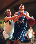 26 January 2001; Jillian Hayes of Wildcats is tackled by Michelle Aspell of UL Limerick during the ESB Women's Cup Semi-Final match between Wildcats and UL Limerick at the National Basketball Arena in Tallaght, Dublin. Photo by Brendan Moran/Sportsfile