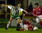 26 January 2001; Jim Crawford, centre, and Pat Fenlon of Shelbourne in action against Eddie Gormley of Bray Wanderers during the Eircom League Premier Division match between Shelbourne and Bray Wanderers at Tolka Park in Dublin. Photo by David Maher/Sportsfile