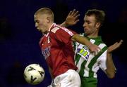 26 January 2001; Richie Foran of Shelbourne in action against Mick Doohan of Bray Wanderers during the Eircom League Premier Division match between Shelbourne and Bray Wanderers at Tolka Park in Dublin. Photo by David Maher/Sportsfile