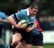 27 January 2001; Peter Bracken of Galwegians is tackled by Peter Matchett of Belfast Harlequins during the AIB All-Ireland League Division 1 match between Galwegians and Belfast Harlequins at Crowley Park in Galway. Photo by Ray Lohan/Sportsfile