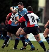 27 January 2001; Dan McFarland of Galwegians is tackled by Mark Crothers, left, and Davy Scott of Belfast Harlequins during the AIB All-Ireland League Division 1 match between Galwegians and Belfast Harlequins at Crowley Park in Galway. Photo by Ray Lohan/Sportsfile