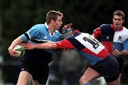 27 January 2001; Gavin Duffy of Galwegians is tackled by Niall Malone of Belfast Harlequins during the AIB All-Ireland League Division 1 match between Galwegians and Belfast Harlequins at Crowley Park in Galway. Photo by Ray Lohan/Sportsfile