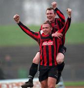 28 January 2001; Glen Crowe, below, of  Bohemians  celebrates after scoring his sides sixth goal with team-mate Trevor Molloy during the Eircom League Premier Division match between Shamrock Rovers and Bohemians at Morton Stadium in Santry, Dublin. Photo by David Maher/Sportsfile