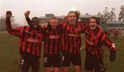 28 January 2001; Bohemians' players, from left, Mark Rutherford, Glen Crowe, Alex Nesovic and Kevin Hunt celebrate following the Eircom League Premier Division match between Shamrock Rovers and Bohemians at Morton Stadium in Santry, Dublin. Photo by David Maher/Sportsfile