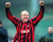 28 January 2001; Dave Hill of Bohemians celebrates at the final whistle of the Eircom League Premier Division match between Shamrock Rovers and Bohemians at Morton Stadium in Santry, Dublin. Photo by David Maher/Sportsfile