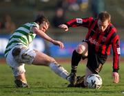 28 January 2001; Trevor Molloy of Bohemians in action against Pat Deans of Shamrock Rovers during the Eircom League Premier Division match between Shamrock Rovers and Bohemians at Morton Stadium in Santry, Dublin. Photo by David Maher/Sportsfile