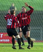 28 January 2001; Dave Morrison of Bohemians, right,  celebrates after scoring his sides third goal with team-mate Trevor Molloy during the Eircom League Premier Division match between Shamrock Rovers and Bohemians at Morton Stadium in Santry, Dublin. Photo by David Maher/Sportsfile
