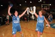 28 January 2001; Wildcats captain Christine Kiely, left, and teammate Olivia O'Reilly celebrate victory in the ESB Women's Cup Final match between Wildcats and Tolka Rovers at the National Basketball Arena in Tallaght, Dublin. Photo by Brendan Moran/Sportsfile