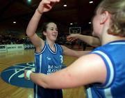 28 January 2001; Wildcats' Kil Fitzpatrick, left, celebrates victory with team-mate Catriona White following the ESB Women's Cup Final match between Wildcats and Tolka Rovers at the National Basketball Arena in Tallaght, Dublin. Photo by Brendan Moran/Sportsfile