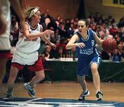 28 January 2001; Kim Fitzpatrick of Wildcats in action against Abgie McNally of Tolka Rovers during the ESB Women's Cup Final match between Wildcats and Tolka Rovers at the National Basketball Arena in Tallaght, Dublin. Photo by Brendan Moran/Sportsfile