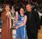 28 January 2001; President Mary McAleese, presents the ESB Women's Cup to Wildcats captain Christine Kiely in the presence of Finn Ahern, President, Irish Basketball Association following the ESB Women's Cup Final match between Wildcats and Tolka Rovers at the National Basketball Arena in Tallaght, Dublin. Photo by Brendan Moran/Sportsfile