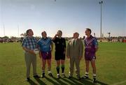 26 January 2001; Referee, Brian White tosses the coin, also pictured are 1999 All Stars, Declan O'Keeffe and Graham Geraghty, GAA President, Sean McCague and Conor Murphy Irish Ambassador to the region during an exhibition match on the Eircell GAA All-Star tour at the Dubai Rugby Ground in Dubai, United Arab Emirates. Photo by Ray McManus/Sportsfile