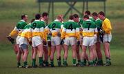 28 January 2001; The Offaly team huddle during the O'Byrne Cup Semi-Final match between Wexford and Offaly at the Gaelic Grounds in Bunclody, Wexford. Photo by Aoife Rice/Sportsfile