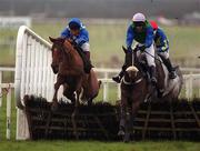 28 January 2001; Johnny Ringo, left, with Jason Titley up, clears the last with Caol Na Sprida, with Ross Geraghty up, to go on and win The Kehoe Partitions & Ceilings Maiden Hurdle at Fairyhouse Racecourse in Ratoath, Meath. Photo by Damien Eagers/Sportsfile