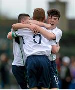 26 November 2015; Kameron Ledwidge, Republic of Ireland, 5, celebrates with Adam O'Reilly and Sean Mahon, right, after scoring his side's first goal. U15 Friendly International, Republic of Ireland v Poland, Rock Park Celtic FC, Dundalk, Co. Louth. Picture credit: Oliver McVeigh / SPORTSFILE
