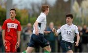 26 November 2015; Kameron Ledwidge, Republic of Ireland, turns to celebrate with Sean Mahon, right, after scoring his side's second goal. U15 Friendly International, Republic of Ireland v Poland, Rock Park Celtic FC, Dundalk, Co. Louth. Picture credit: Oliver McVeigh / SPORTSFILE