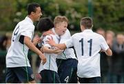 26 November 2015; Marc Walsh, Republic of Ireland, celebrates with team-mates Adam Ida, Ray O'SullEvan and Adam O'Reilly after scoring his sides third goal. U15 Friendly International, Republic of Ireland v Poland, Rock Park Celtic FC, Dundalk, Co. Louth. Picture credit: Oliver McVeigh / SPORTSFILE