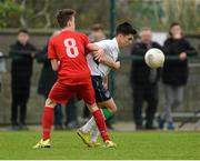 26 November 2015; Sean Anthony Brennan, Republic of Ireland, in action against Pawel Zuk, Poland. U15 Friendly International, Republic of Ireland v Poland, Rock Park Celtic FC, Dundalk, Co. Louth. Picture credit: Oliver McVeigh / SPORTSFILE