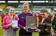 26 November 2015; Republic of Ireland's Emma Byrne receives a commemorative cap and medal from Councillor Sarah Holland, left, Mayor for South Dublin County Council, and Niamh O'Donoghue, Chairperson of the Women's Football Association of Ireland. UEFA Women's EURO 2017 Qualifier, Group 2, Republic of Ireland v Spain, Tallaght Stadium, Tallaght, Co. Dublin. Picture credit: Matt Browne / SPORTSFILE