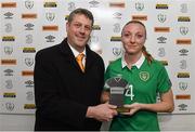 26 November 2015; Louise Quinn, receives the Continental Tyres Player of the Match award from Peter Robb, Marketing Manager Continental Tyre Group. UEFA Women's EURO 2017 Qualifier, Group 2, Republic of Ireland v Spain, Tallaght Stadium, Tallaght, Co. Dublin. Picture credit: Matt Browne / SPORTSFILE