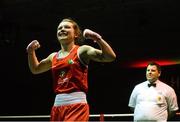 27 November 2015; Lauren Hogan, St.Brigids Boxing Club, celebrates after being declared the winner over Donna Barr, Twin Towns Boxing Club, at the end of their 48kg bout. IABA National Elite Female Championship Finals. National Stadium, Dublin. Picture credit: David Maher / SPORTSFILE