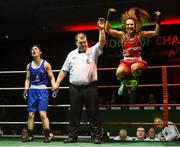 27 November 2015; Dervla Duffy, St Brigid's Boxing Club, celebrates after being declared the winner over Elaine Harrison, Ardnaree Boxing Club, at the end of their 54kg bout. IABA National Elite Female Championship Finals. National Stadium, Dublin. Picture credit: David Maher / SPORTSFILE