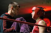 27 November 2015; Katie Taylor, Bray Boxing Club, with her brother Lee in her corner between rounds, during her 60kg bout. IABA National Elite Female Championship Finals. National Stadium, Dublin. Picture credit: David Maher / SPORTSFILE