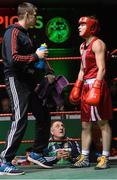 27 November 2015; Katie Taylor, Bray Boxing Club, with her brother Lee, left, and interim Irish head coach Zaur Antia, in her corner between rounds, during her 60kg bout. IABA National Elite Female Championship Finals. National Stadium, Dublin. Picture credit: David Maher / SPORTSFILE