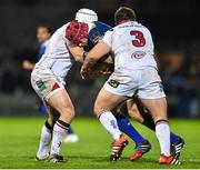 27 November 2015; Josh van der Flier, Leinster, is tackled by Rory Best, left, and Wiehahn Herbst, Ulster. Guinness PRO12, Round 8, Leinster v Ulster. RDS Arena, Ballsbridge, Dublin. Picture credit: Ramsey Cardy / SPORTSFILE