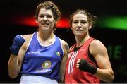 27 November 2015; Katie Taylor, right, Bray Boxing Club, with Shauna O'Keefe, Clonmel Boxing Club, at the end of their 60kg bout. IABA National Elite Female Championship Finals. National Stadium, Dublin. Picture credit: David Maher / SPORTSFILE