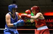 27 November 2015; Clare Grace, right, Callan Boxng Club, trades punches with Grainne Walsh, Sparticus Boxing Club, during their 69kg bout. IABA National Elite Female Championship Finals. National Stadium, Dublin. Picture credit: David Maher / SPORTSFILE