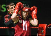 27 November 2015; Katie Taylor, Bray Boxing Club, with her brother Lee, in her corner between rounds, during their 60kg bout. IABA National Elite Female Championship Finals. National Stadium, Dublin. Picture credit: David Maher / SPORTSFILE