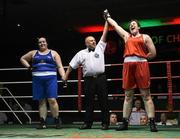 27 November 2015; Diana Campbell, Garda Boxng Club, is declared the winner over Maeve McCarron, Carrigart Boxing Club, at the end of their 81g bout. IABA National Elite Female Championship Finals. National Stadium, Dublin. Picture credit: David Maher / SPORTSFILE