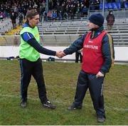 28 November 2015; St Mary's manager Maurice Fitzgerald with Carrigaline manager Michael Meaney after the game. AIB Munster GAA Football Intermediate Club Championship Final, St Mary's, Kerry, v Carrigaline, Cork. Fitzgerald Stadium, Killarney, Co. Kerry. Picture credit: Stephen McCarthy / SPORTSFILE