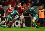 28 November 2015; Francis Saili, Munster, is tackled by Bundee Aki, Tiernan O'Halloran and Robbie Henshaw, Connacht. Guinness PRO12, Round 8, Munster v Connacht. Thomond Park, Limerick. Picture credit: Diarmuid Greene / SPORTSFILE