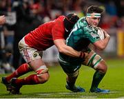 28 November 2015; James Connolly, Connacht, is tackled by Mark Chisholm, Munster. Guinness PRO12, Round 8, Munster v Connacht. Thomond Park, Limerick. Picture credit: Seb Daly / SPORTSFILE