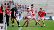 23 August 2009; Ryan McMenamin, Tyrone, in action against Patrick Kelly and Graham Canty, Cork. GAA Football All-Ireland Senior Championship Semi-Final, Tyrone v Cork, Croke Park, Dublin. Picture credit: Oliver McVeigh / SPORTSFILE