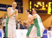 22 August 2009; Ireland players, from left, Ann-Marie Healy, Niamh Dwyer and Lindsay Peat celebrate at the final whistle. Senior Women's European Championship Qualifier, Ireland v Switzerland, National Basketball Arena, Tallaght, Dublin. Picture credit: Brian Lawless / SPORTSFILE