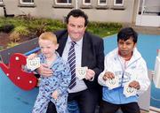 23 August 2009; Republic of Ireland Under-19 manager Sean McCaffrey with patients, Adam Molloy, aged 4, from Bluebell and Haybat Khan, both are patients in St Michaels Ward in Our Lady's Children's Hospital, Crumlin, for the launch of the Four Nations Tournament, which will take place in Dublin and Bray on September 5th, 6th and 8th. Proceeds from children's tickets for the Four Nations matches will be donated to the hospital. The Republic of Ireland, Holland, Portugal and Turkey will compete in the tournament. Our Lady's Children's Hospital, Crumlin, Dublin. Picture credit: Damien Eagers / SPORTSFILE